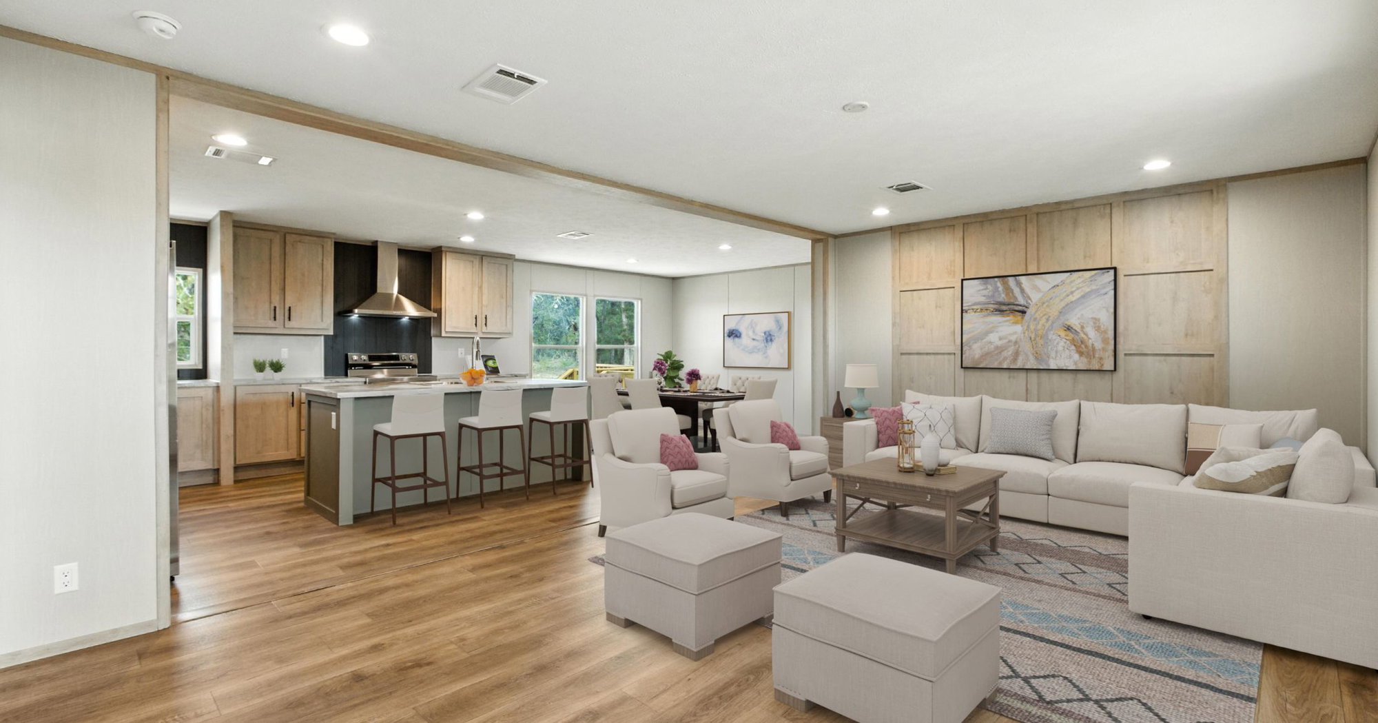 Open kitchen and living room inside a new manufactured home